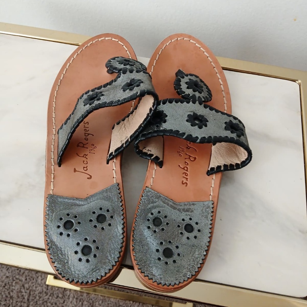 Jack Rogers Vintage Gray Leather Floral Thong Sandals Women Size 7 - Picture 4 of 7